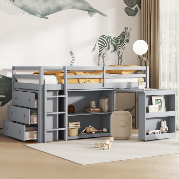 Newest Twin Loft Bed with Pull-Out Desk, Drawer & Shelf Cabinets, Solid Rubber Wood Construction with Safety Guardrail & Ladder, Grey - for Compact Room & Small Spaces