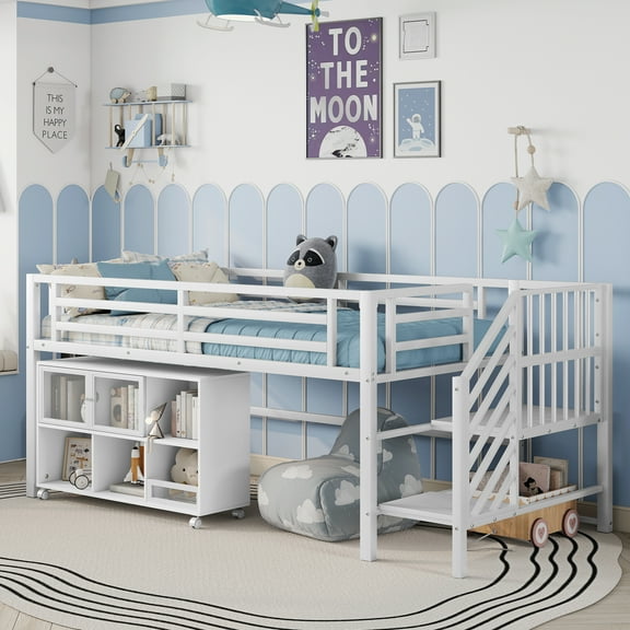 Newest Twin Metal Loft Bed White,Low Profile with Storage Cubby & Stairs, 6 Rolling Bins, Space Saving Design