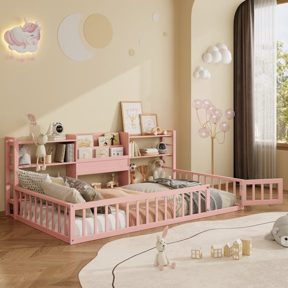 Newest Twin Size Floor Fence Bed Frame with Bookcase and 3-Tier Storage ...