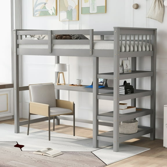 Newest Twin Size Loft Bed with Built-in Desk, Gray Loft Bed with Storage Shelves , Workstation, Space Efficient Loft Bed for Small Rooms