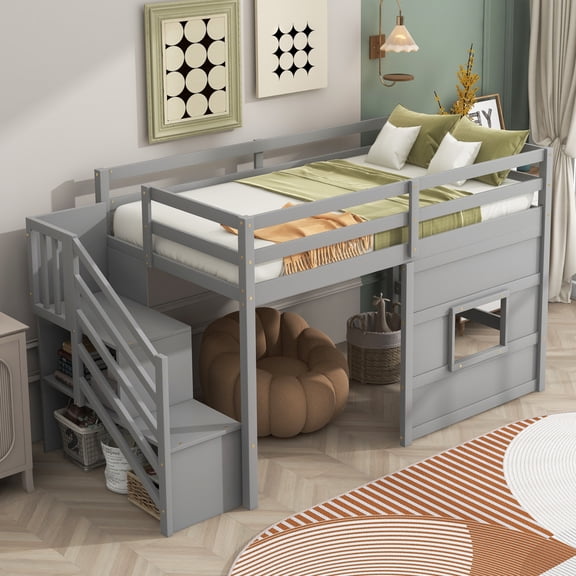 Newest Twin Size Loft Bed with Storage Staircase and Window, Gray