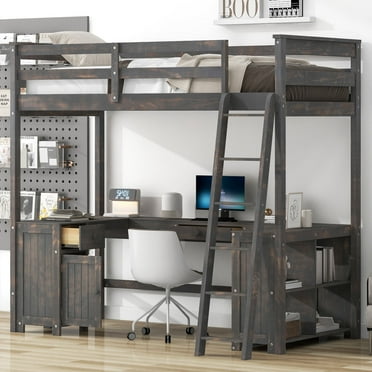 Newest Twin Size Loft Bed with U-shaped Desk, Drawers and Storage Shelves, Antique Brown