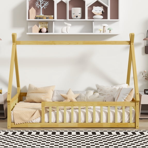Newest Twin Tent-Style Floor Bed Frame with Safety Rails, Natural Rubber Wood Platform, Low Profile Teepee Design for Modern Rooms