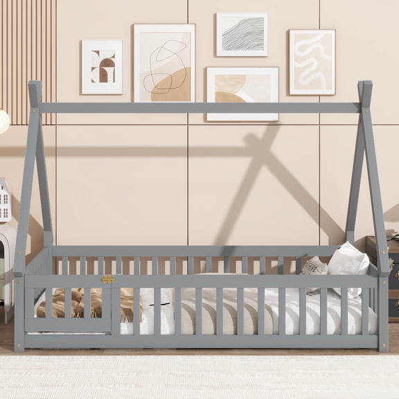 Newest Twin Tent-shaped Floor Bed,Teepee Bed with Guardrails,Slats , Door,Grey