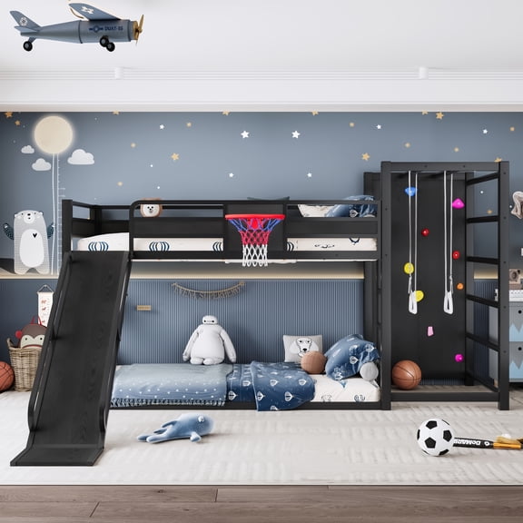 Newest Twin XL Metal Loft Bed with Basketball Hoop, Climbing Wall, Slide and Bookshelves, Black