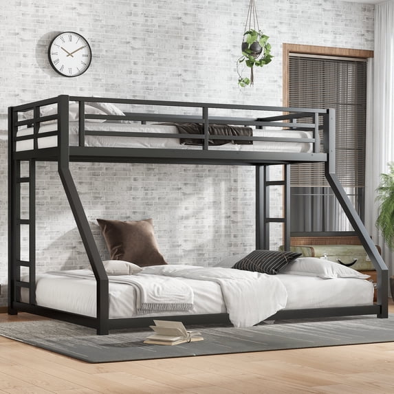 Newest Twin XL Over Queen Metal Bunk Bed with Noise Reduction and Dual Side Ladders, Black