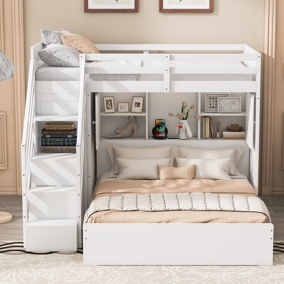 Newest Twin over Full Bunk Bed with Storage Stairs & Wardrobe, Modern MDF Frame with USB Port and Light,White