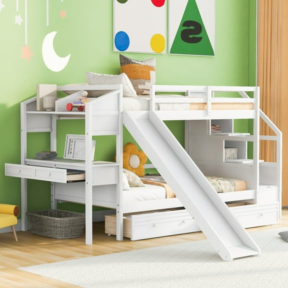 Newest Twin over Twin Bunk Bed with Storage Staircase, Slide and Drawers, Desk with Drawers and Shelves, White