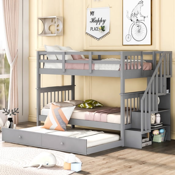 Newest Twin over Twin Bunk Bed with Trundle & Storage Staircase, Classic Solid Wood Frame, Gray