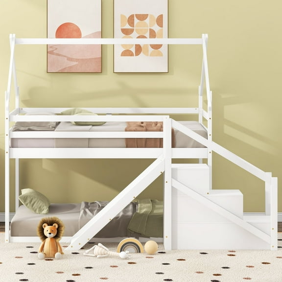 Newest Twin over Twin House Loft or Bunk Bed with Slide and Staircase, White