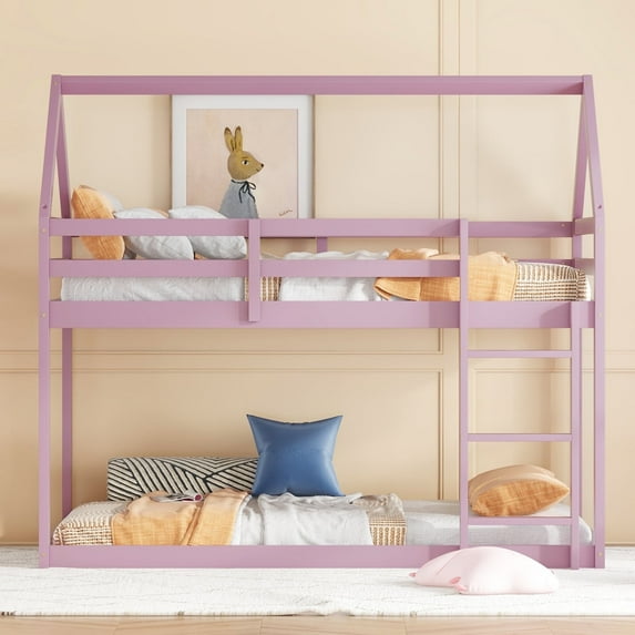 Newest Twin over Twin Rubber Wood Floor Bunk Bed, with ladder,Guardrails,House-Shaped-Bunk Bed,Pink