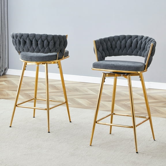Newest Two-Piece Rotating Swivel Chair, Dark Gray Cotton And Linen Soft Seat, Golden Metal Legs, Rust-Proof And Wear-Resistant, Suitable For Restaurant/Bar High Tables