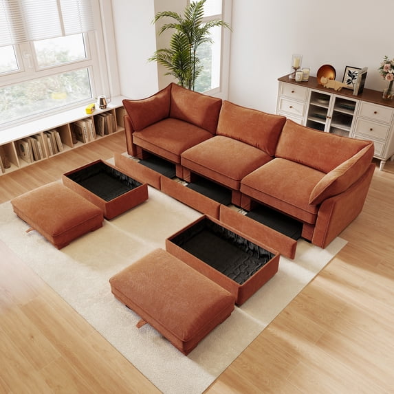 Newest U Shape 3 Seater Deep Seat Sofa Couch,Ottomans,3-Seat Sofa,with 2 Movable Ottomans, Oversized Modular Sectional Sofa,Storage Pull out Drawer Under Each Seat,Chenille Orange