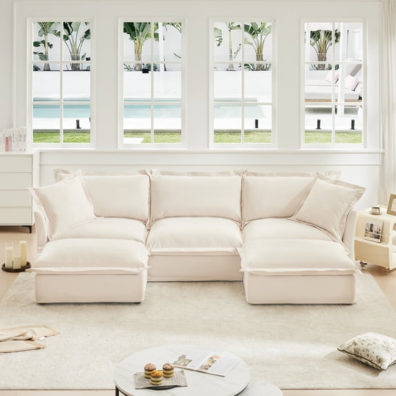 Newest U Shape Sectional Deep Seat Sofa Couch,3 Seater Sofa,French Edges Design Multiple Big Pillows,Modular Deep Seat Sectional Sofa Comfy Couch for Living Room,Apartment,Chenille