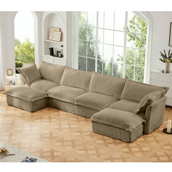 Newest U Shape Sectional Wide, Deep Seat Sofa Couch,4 Seater Sofa, French Edges Design Multiple Big Pillows,Soft Deep Seat Comfy Couch for Living Room,Apartment,Camel Corduroy