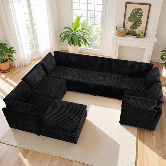 Newest U shape Modular Sectional Sofa,DIY Compressed Sectional Sofa Modern Minimalist Style Corduroy Couch, Sleeper Sofa for Living Room, Bedroom, Comfy Compressed Sofa Couch Space-black