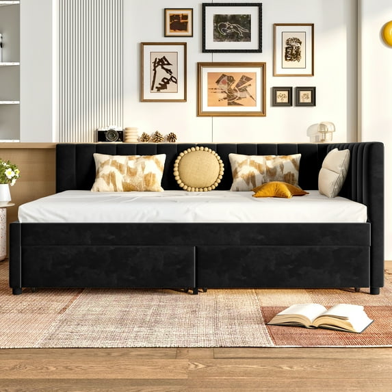 Newest Upholstered Corner Daybed Storage Drawers L Shaped Headboard Full Size Velvet Bed Frame Living Room Guest Room,Black