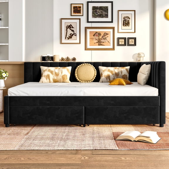 Newest Upholstered Corner Daybed Storage Drawers L Shaped Headboard Full Size Velvet Bed Frame Living Room Guest Room,Black