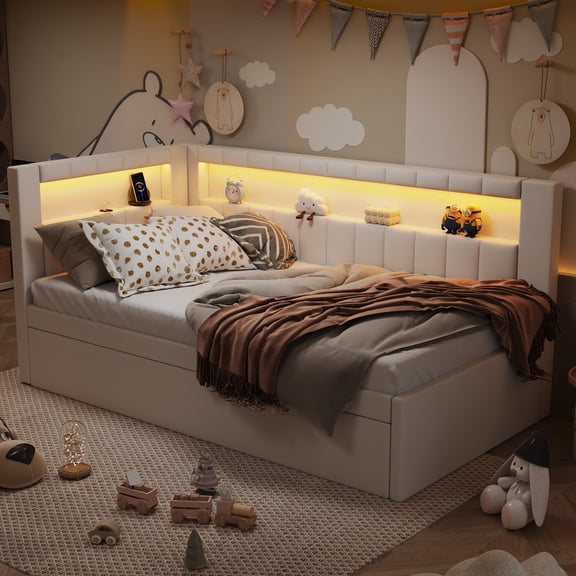 Newest Upholstered Twin Bed with Trundle, White Platform Bed Frame Features LED Light Strip & USB Ports, Modern Bed with Ambient Lighting, Easy Assembly