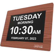 Newest Version, American Lifetime, Day Clock Extra Large Impaired Vision Digital Clock with Battery Backup and 5 Alarm Options, Brown Wood