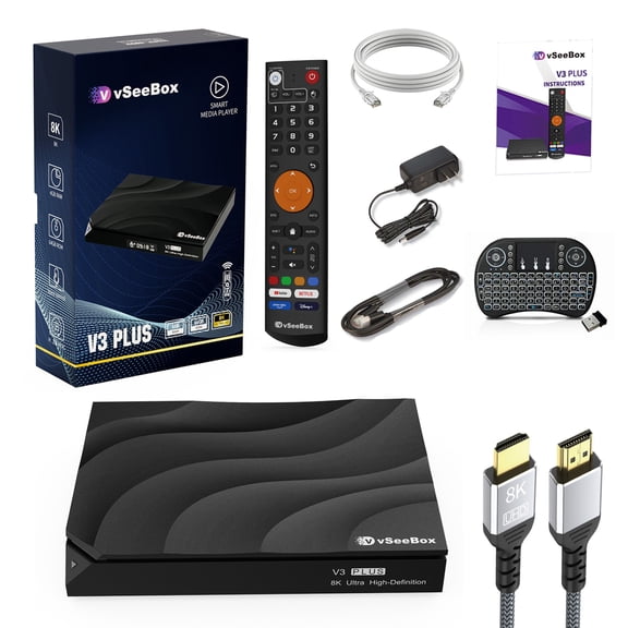 Newest Version Vsee box V3 Plus,smart tv box,4GB RAM, 64GB Storage,with Voice Remote Control, Mini Keyboard,8K HDMI Cable,ethernet cable,new Live Ultra.