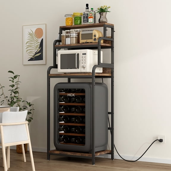 Newest Vintage 4-Tier Appliance Stand, Adjustable Mini Fridge & Microwave Cabinet with Storage for Kitchen, Home Office, Brown