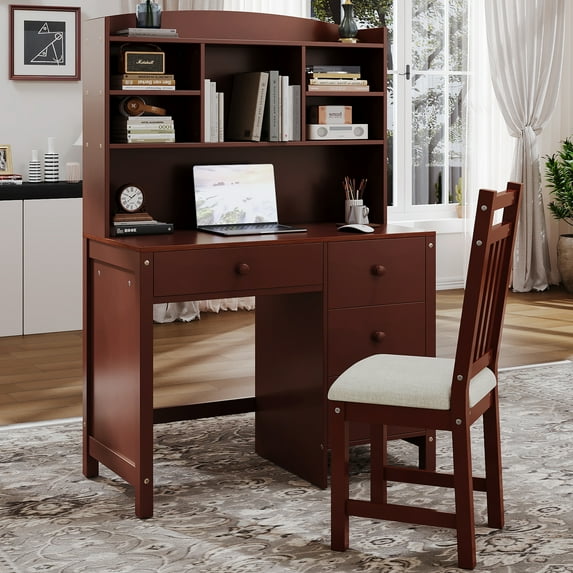 Newest Vintage 40'' Home Executive Desk and Upholstered Chair Set with Bookshelf, Computer Desk with Four Drawers, Storage Shelf, Chair for Office or Study in Bedroom or Living Room, Espresso