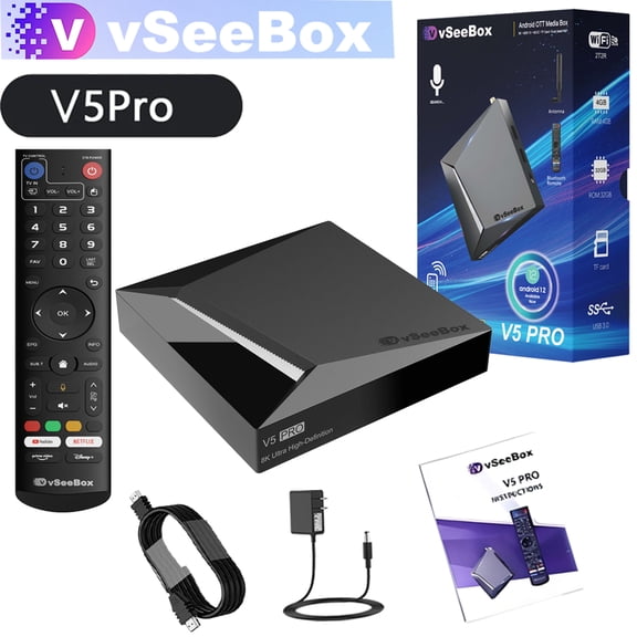 Newest Vseebox V5 Pro Android TV Box 2024-2025 Fully,4G RAM+32G ROM TV Box,Voice Remote, 8K, Easy Setup Guide, Included Parental Control Time