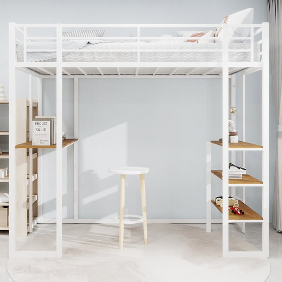 Newest White Loft Twin Bed with L Shaped Desk,Dual Stair Access, 360° Railing, Study & Storage for Teens