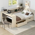 thumbnail image 1 of Newest Wood Full Size Platform Bed with Storage Shelves, Drawers, Charging Station , Upholstered Headboard, Cream, 1 of 9