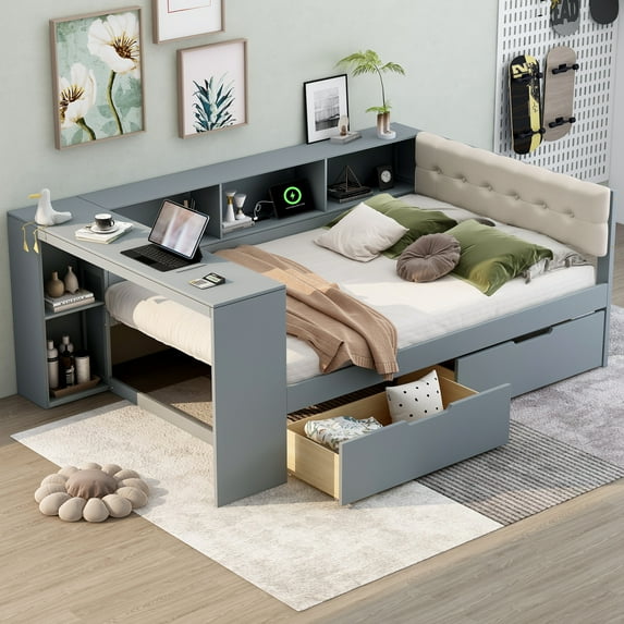 Newest Wood Full Size Platform Bed with Storage Shelves, Drawers, Charging Station , Upholstered Headboard, Gray