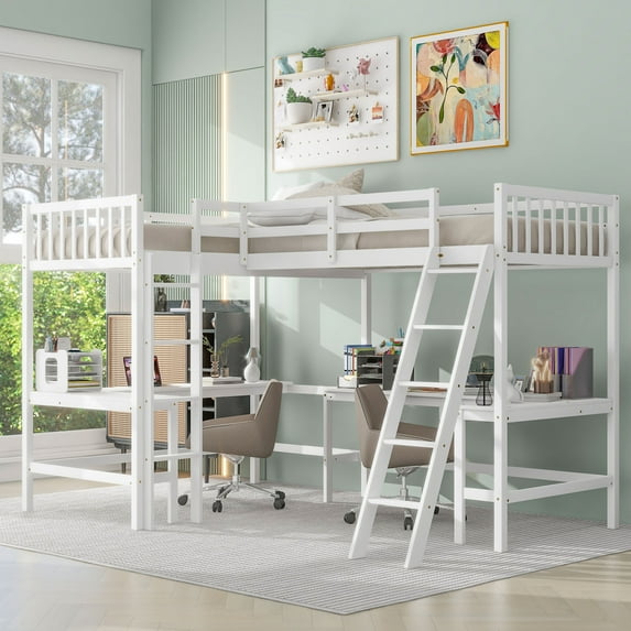 Newest Wood Twin Size L-Shaped Loft Bed with Ladder and 2 Built-in L-Shaped Desks, White