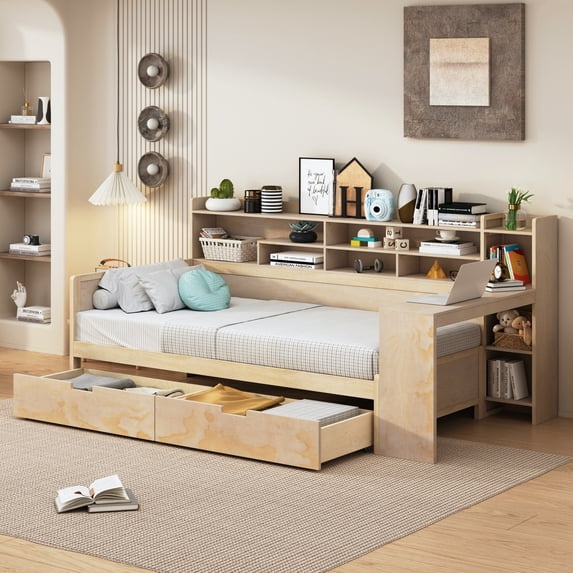 Newest Wooden Twin Size Daybed with Storage Shelves, Multi-functional Bed with Two Storage Drawers and Study Desk, Natural