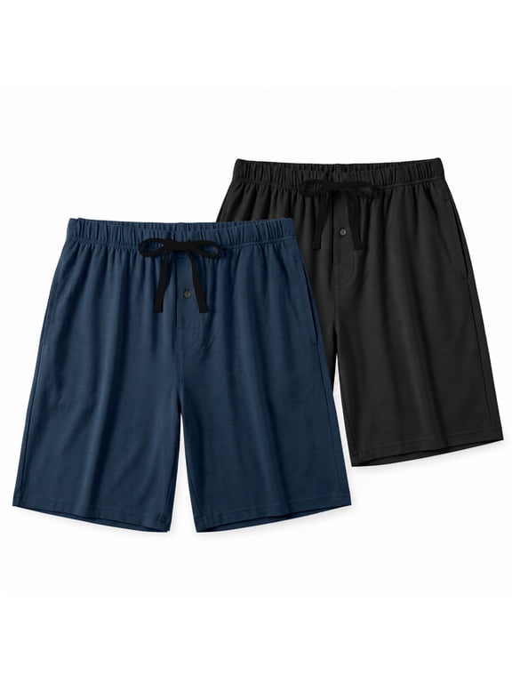 2 Pack Cool Bamboo Shorts Men,Soft Breathable Pajama Pants Comfy Lounge Sleep Bottoms for Home Night Wear (Black & Blue,XL)