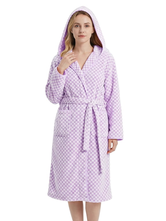 Absorbent Towel Robes for Women, Soft Cozy Checkered Microfiber Hooded Bathrobe for Shower Spa(Light Purple ,2XL/3XL)