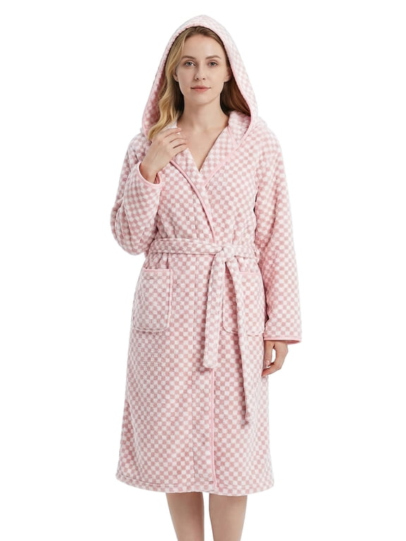 Absorbent Towel Robes for Women, Soft Cozy Checkered Microfiber Hooded Bathrobe for Shower Spa(Pink ,S/M)