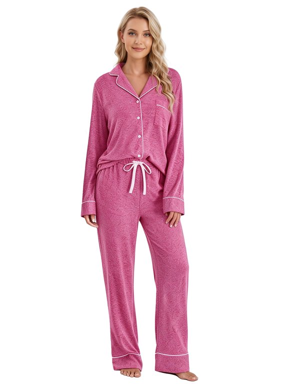 Womens Pajama Set, Button Up Long Sleeve Loungewear 2 Piece Set Soft lightweight Notch Collar Top & Pants(Rose,L)