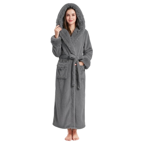 Newevent Womens Hooded Fleece Robe, Full Length Soft Warm Plush Bathrobe Fluffy Spa Robe for Women(Grey,L/XL)