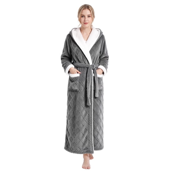Newevent Womens Hooded Full Length Fleece Robe, Soft Fluffy Womens Fleece Robe Thicker Warm Bathrobes(Grey,L/XL)