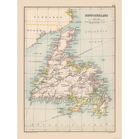 Historic Map - Newfoundland Canada - Bartholomew 1892 - Vintage Wall Art