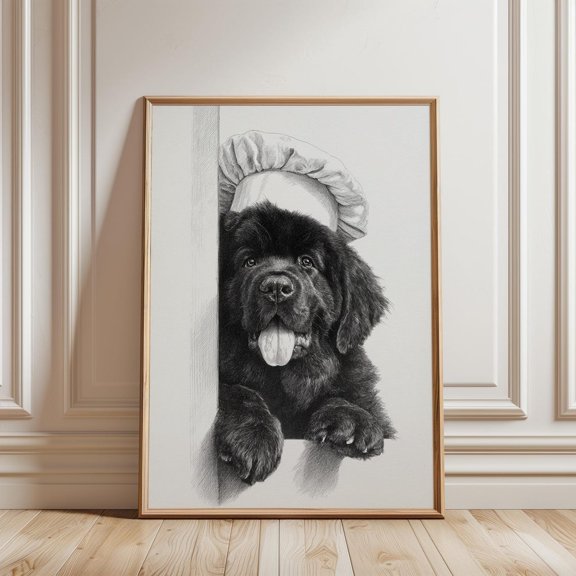 Newfoundland Dog Chef Hat Pencil Sketch Kitchen Wall Art Black And White Art, Unframed Paper Print