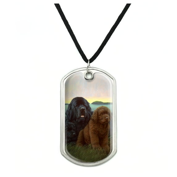 Newfoundland Dogs Puppies Countryside Military Dog Tag Pendant Necklace with Cord