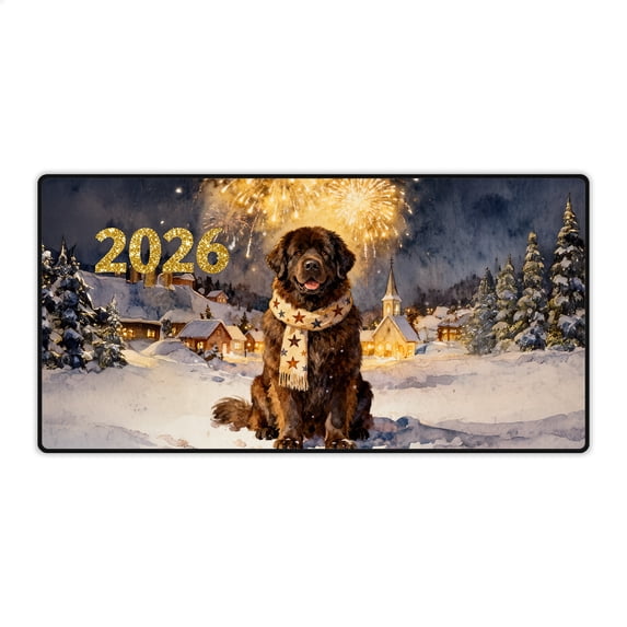 Newfoundland Happy New Year 2026 with Fireworks on New Year's Eve Desk Mat Full Keyboard Mouse Pad Newfie Dog Lover Gifts Large Mousepad - 12022