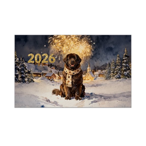 Newfoundland Happy New Year 2026 with Fireworks on New Year's Eve Doormat Newfie Dog Lover Gifts Indoor Outdoor Welcome Mat - 12022