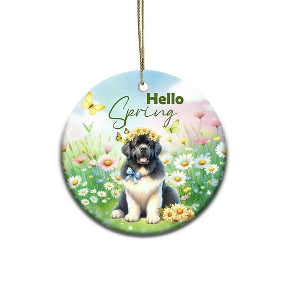 Newfoundland Hello Spring Time Flower Floral Nature Ceramic Round Ornament Newfie Dog Lover Gifts Home Tree Decor - 02031