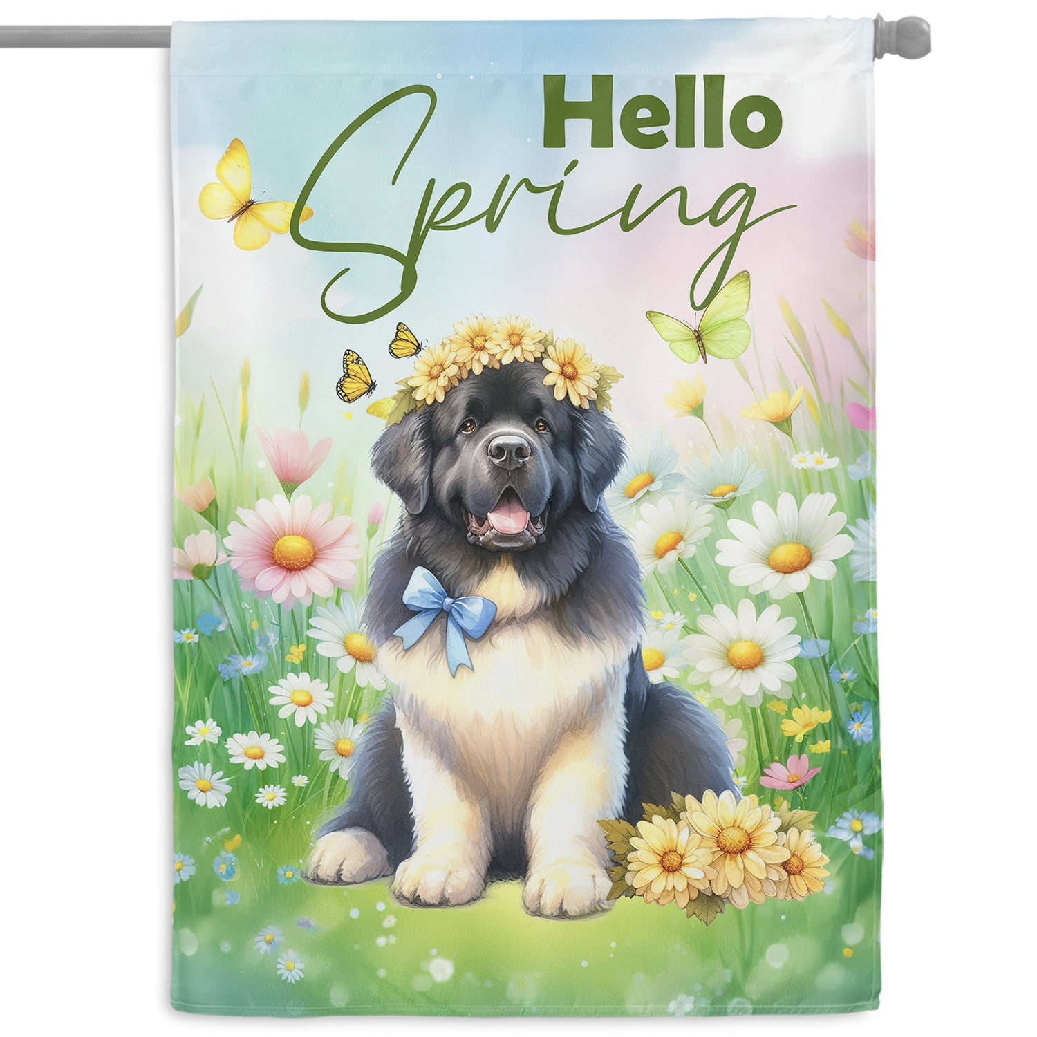 Newfoundland Hello Spring Time Flower Floral Nature House Flag 28x40in Double Sided Newfie Dog Lover Gifts Outdoor Decor - 02031