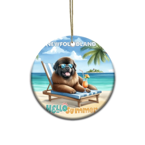 Newfoundland Hello Summer Beach Theme with Sunglasses and Tropical Cocktail Ceramic Round Ornament Newfie Dog Lover Gifts Home Tree Decor - 00009