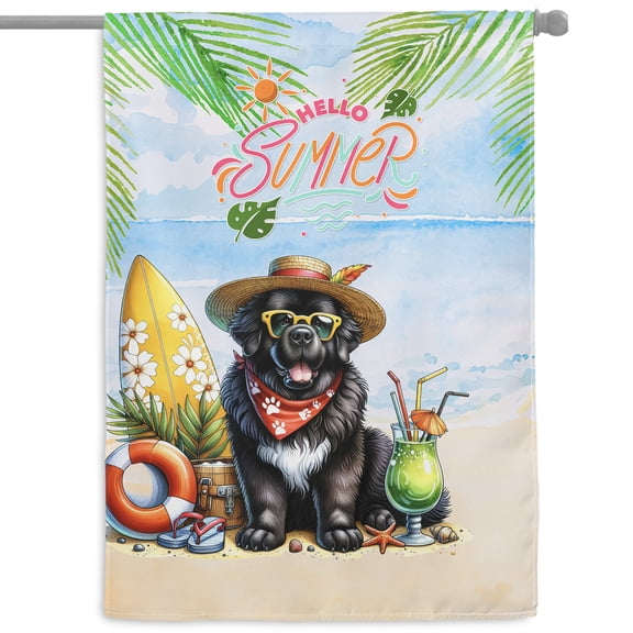 Newfoundland Hello Summer with Sunglasses and Surfboard Tropical Vibes House Flag 28x40in Double Sided Newfie Dog Lover Gifts Outdoor Decor - 00007