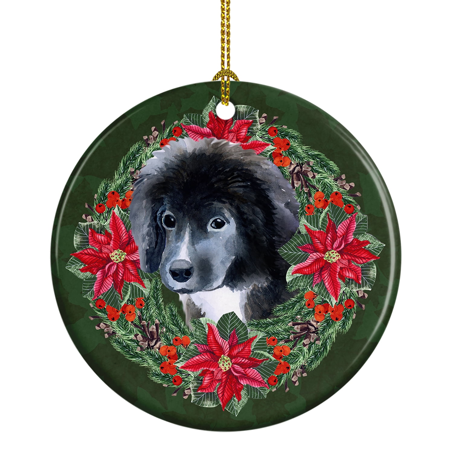 Newfoundland Puppy Poinsetta Wreath Ceramic Ornament 2.8 in x 2.8 in