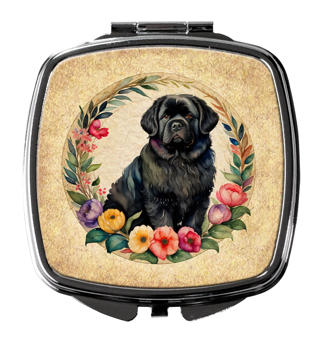 Newfoundland and Flowers Compact Mirror 2.75 in x 3 in